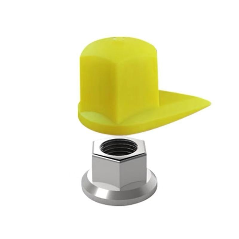 Yellow wheel nut indicator shown with metal nut